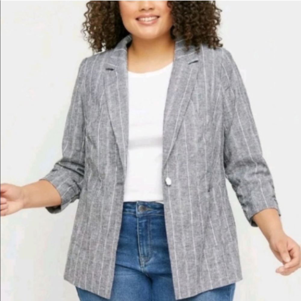 Lane Bryant ~Woman Size 26~ Gray/White Striped Blazer Linen Blend Jacket 3/4